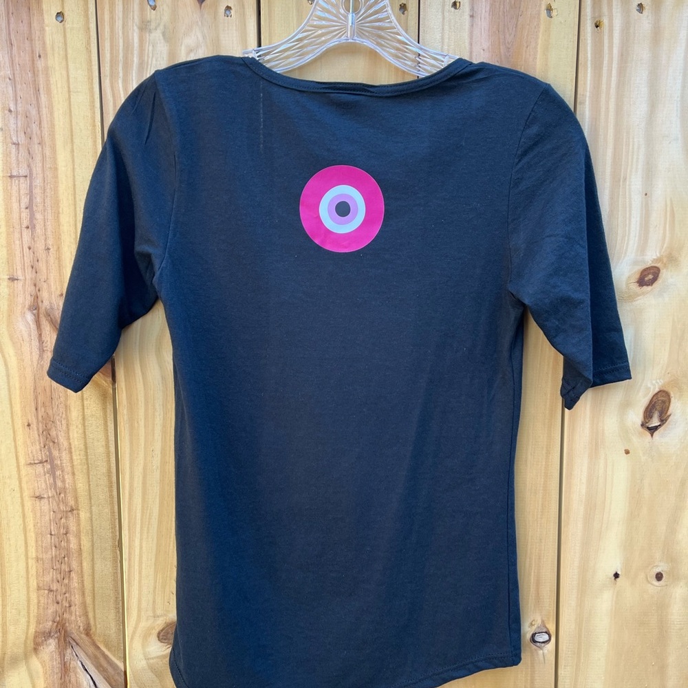 Pink Evil Eye on Back of Black Scoopneck